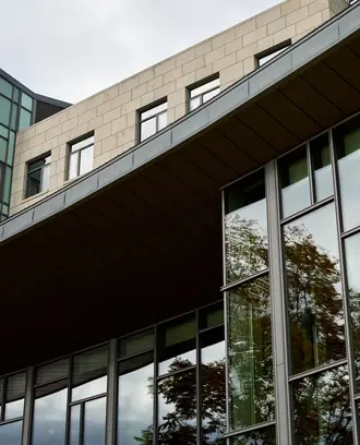 Looking up at the Memorial Drive side of the E62 exterior