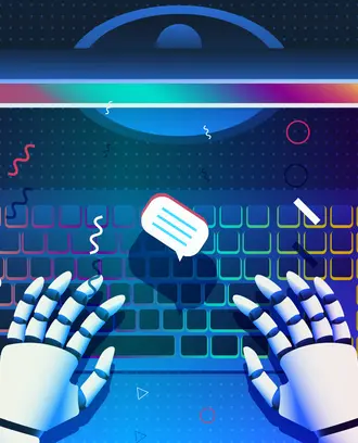 Robot hands typing on a computer