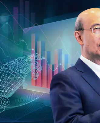 Andrew Lo presenting with AI financial imagery in the background