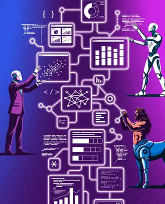 An AI agent, cyborg, and centaur manipulate data in an algorithm