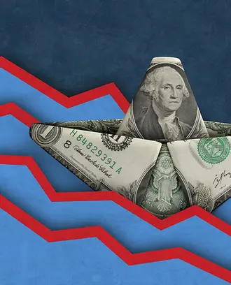 A dollar bill paper boat floats amid turbulent waters