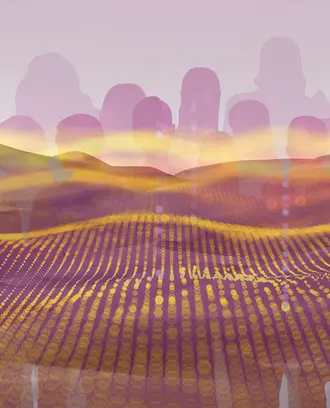 silhouettes of people underneath an algorithmic desert graphic