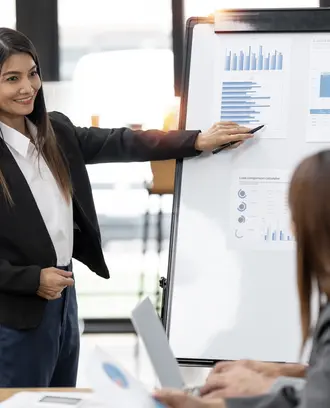 Confident business woman standing in front of her company, presenting her project and ideas on a board.