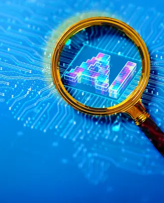 A magnifying glass views the letters "AI" and a circuit board