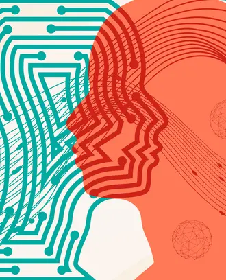 Side view silhouettes of the head of a man and robot.