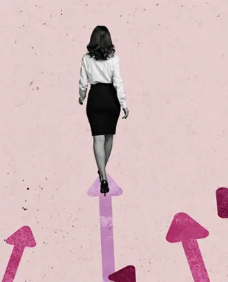 Illustration of woman walking along path surrounded by choices