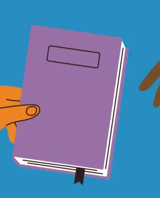 Illustration of one person handing a book to another person.