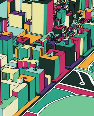 Colorful illustration of major city next to open space