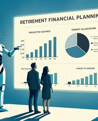 A robot shows retirement financial planning graphics on a screen to two people