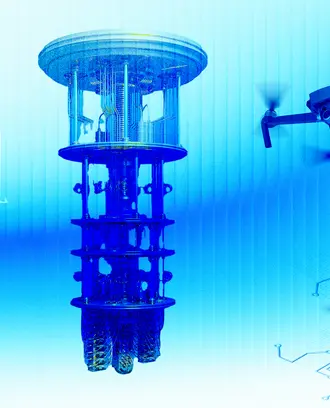 Various technologies including a quantum computer, a 3D printer, a drone, a microchip, and a manufacturing robot arm