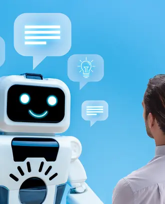 A person talks to a robot with many speech bubbles