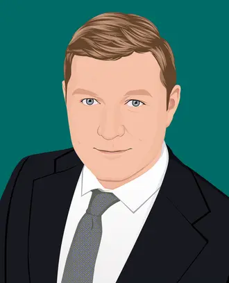 Illustration of man in suit in front of dark green background
