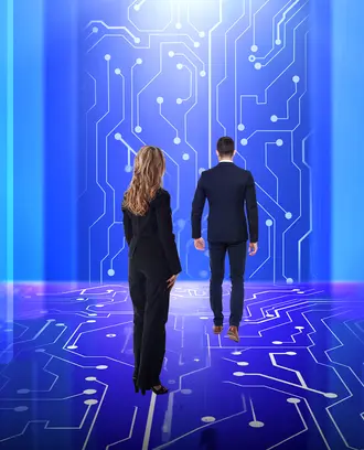 Two business people walk through a hallway that looks like a circuit board