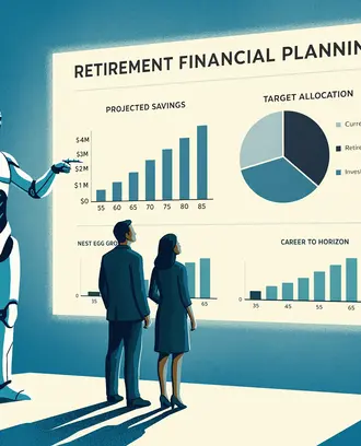 A robot shows retirement financial planning graphics on a screen to two people