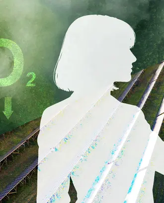 A person looks at a lightbulb, while half of the background is covered in solar and the other half is trees with the symbol of CO2 emissions decreasing
