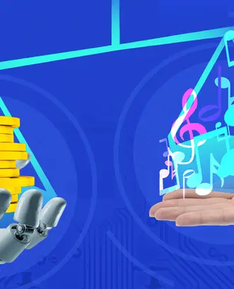 A robot holding coins and a human holding music notes balance out a scale