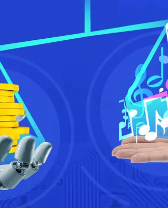 A robot holding coins and a human holding music notes balance out a scale
