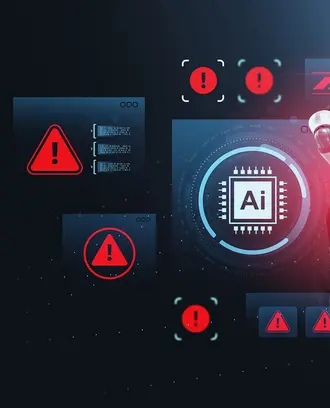 Robotic hand interacts with AI interface surrounded by digital error alerts, glowing holograms and warning icons on a dark futuristic background