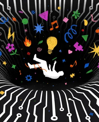 A person and various colorful symbols (lightbulb, fire, puzzle pieces, etc.) fall into a dark hole in a circuit board vortex