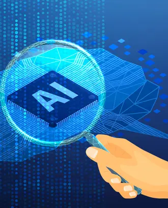 A person holds a magnifying glass up to AI imagery
