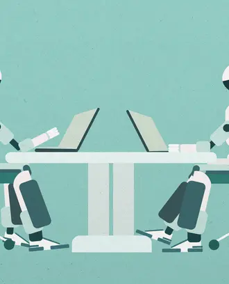 Two robots do work across from each other; one wears a heart and the other wears a queen chess piece