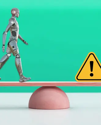 A robot and a warning sign are on opposite sides of a seesaw