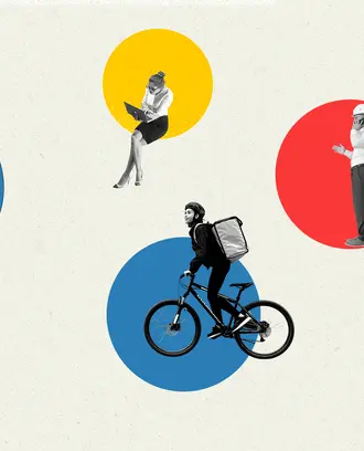 Collage of various contract and gig workers in their individual bubbles