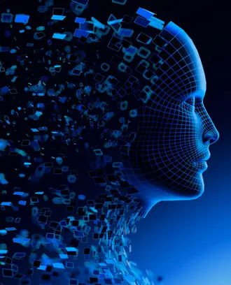Digital Transformation: AI Artificial Intelligence in Human Face Head.