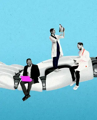 Various workers on top of a robot hand