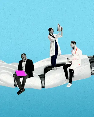 Various workers on top of a robot hand
