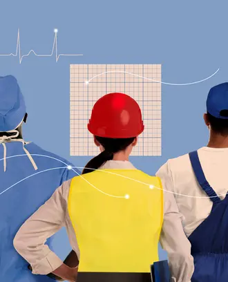 A collage of a doctor, engineer, and electrician with their tools and digital imagery