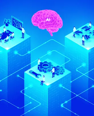 An AI brain symbol is shown on top of various aspects of an organization 