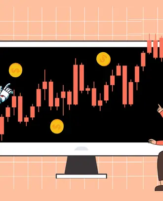 A robot and human discuss a stock ticker chart on a computer screen