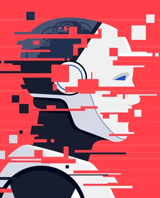 A humanoid AI robot looks corrupted or broken with line glitches