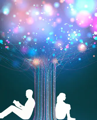 Two people sit on opposite sides of a tree made of AI/digital components
