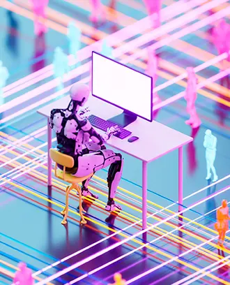 A robot works at an office desk with human workers in the background