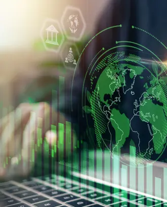 Businessman analyzes investment sustainability ESG icons