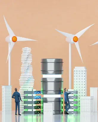 Wind power generators, turbines generating electricity enough for the for the city and controlled by AI, 3d rendering