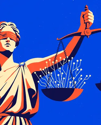 A lady of justice holds a scale with AI network lines on one side