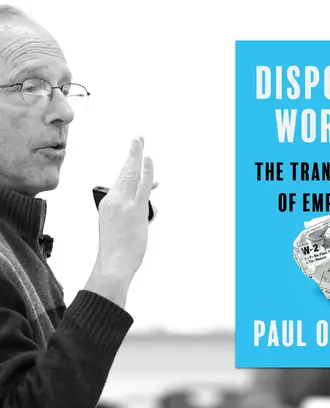 Photo of Paul Osterman with a cover of his book: "Disposable Workers: The Transformation of Employment"