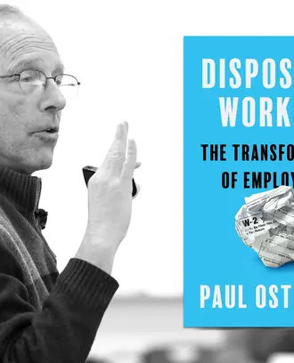 Photo of Paul Osterman with a cover of his book: "Disposable Workers: The Transformation of Employment"