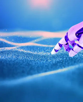 A robot hand points to ocean waves