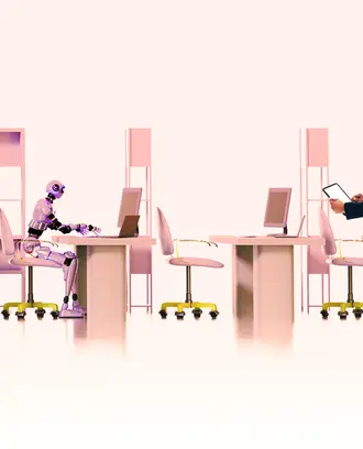 A business person oversees an office with no workers except for one robot