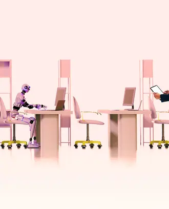 A business person oversees an office with no workers except for one robot
