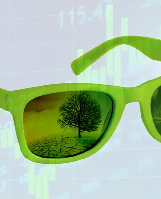 Green sunglasses with images of an iceberg melting and warming earth with a stock ticker in the background