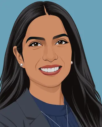 Illustration of smiling woman in business casual apparel.