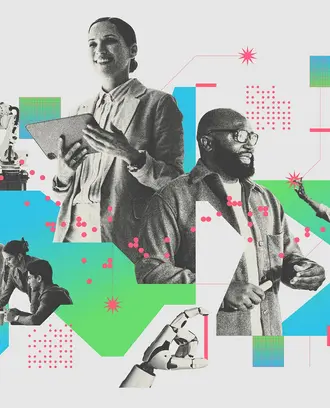 A collage of employees, artificial intelligence, and geometric shapes