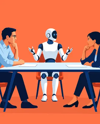 Two people sit across from each other at a negotiation table with robots present