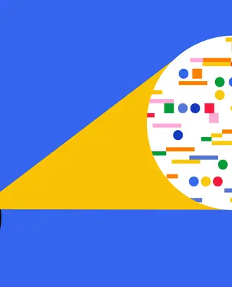 A hand holds a circular object that is magnified into a plethora of data in the form of geometric shapes