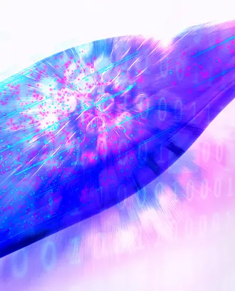 A wine bottle filled with digital imagery and binary code